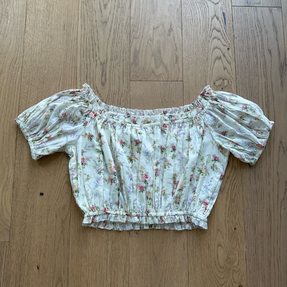 Polo Ralph Lauren Floral Cotton Cropped Top in Watercolor Landscape - Picture 8 of 13